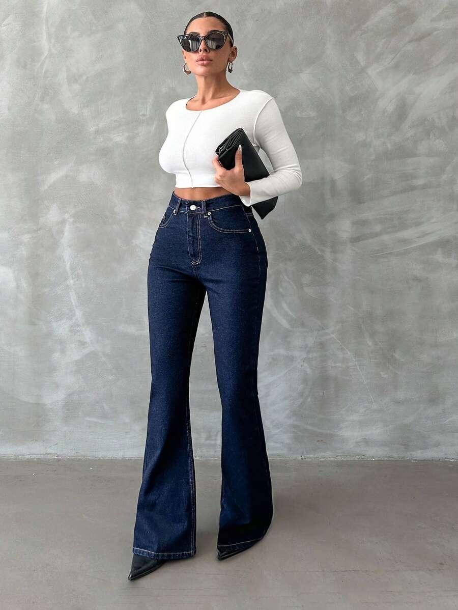 GRANATOWE SPODNIE JEANS DZWONY