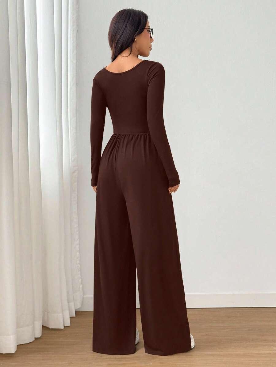 BRĄZOWY KOMBINEZON V-NECK 