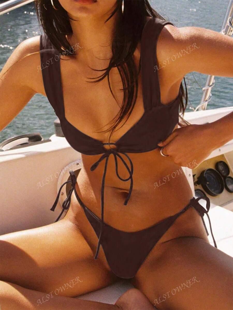BRĄZOWY DÓŁ OD BIKINI WIĄZANIE 