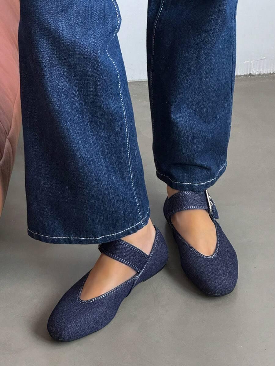 GRANATOWE BALERINY SPRZĄCZKA JEANS