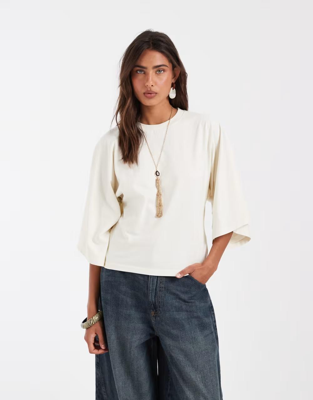 kremowy BAWEŁNIANY t-shirt casual