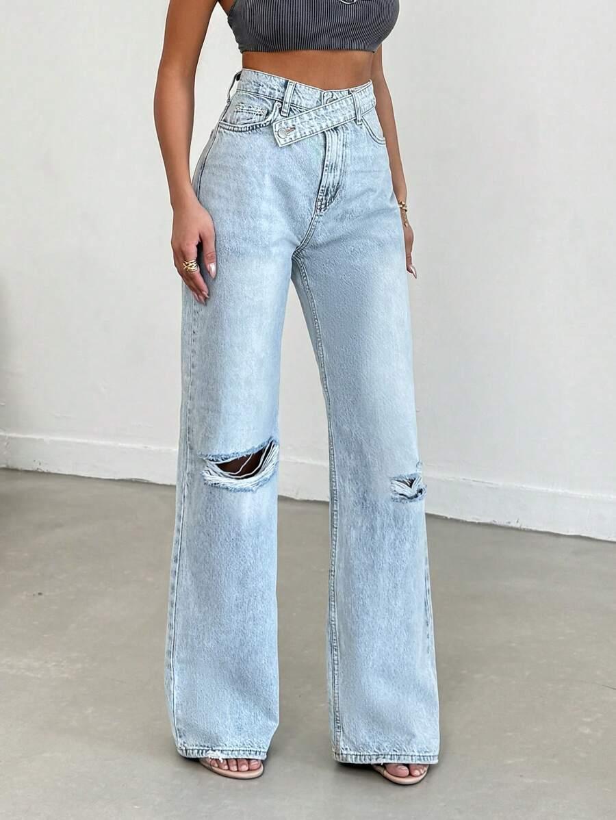 spodnie jeans prosta nogawka przetarcia