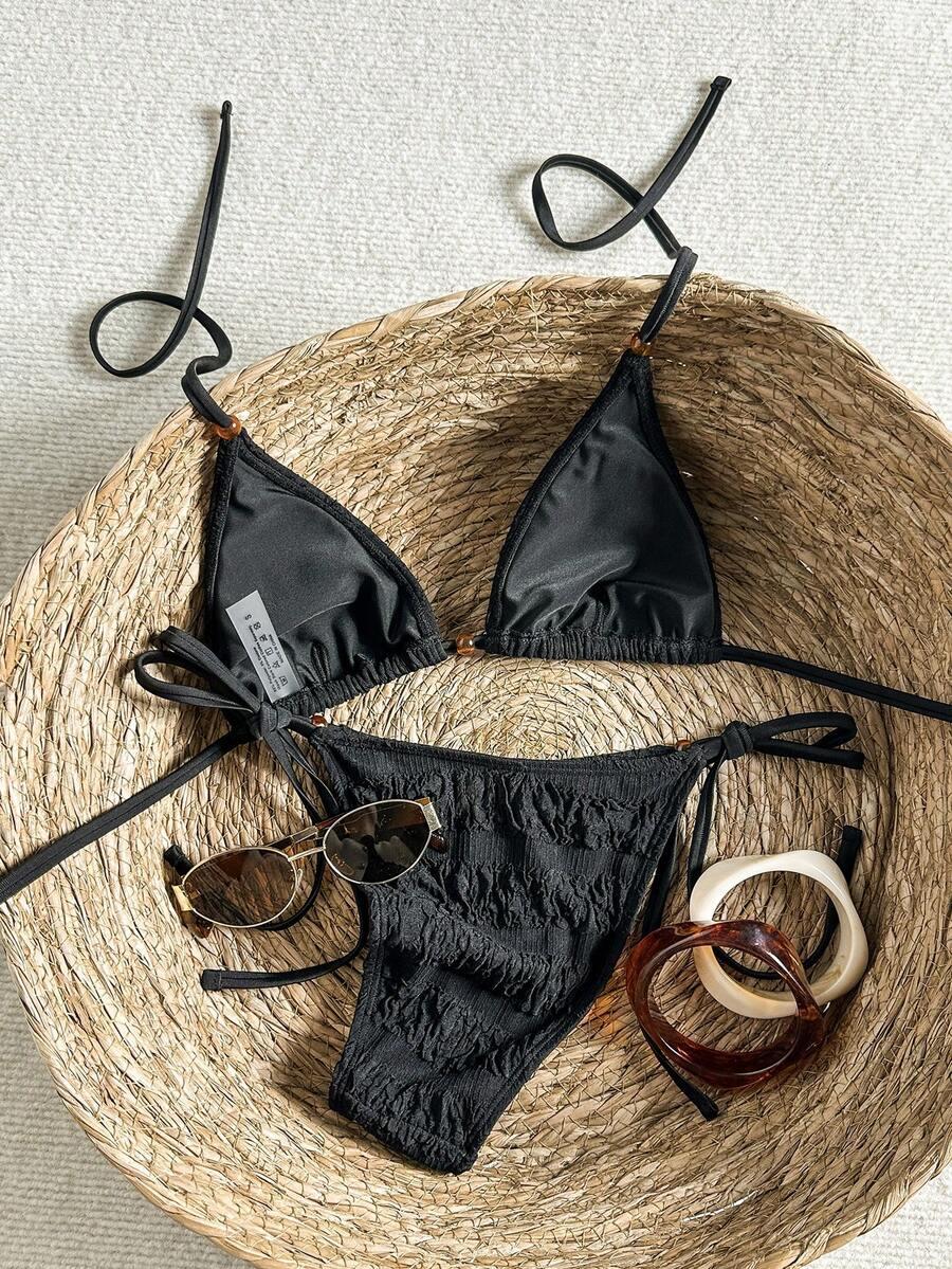 czarny wiązany kostium bikini tekstura komplet