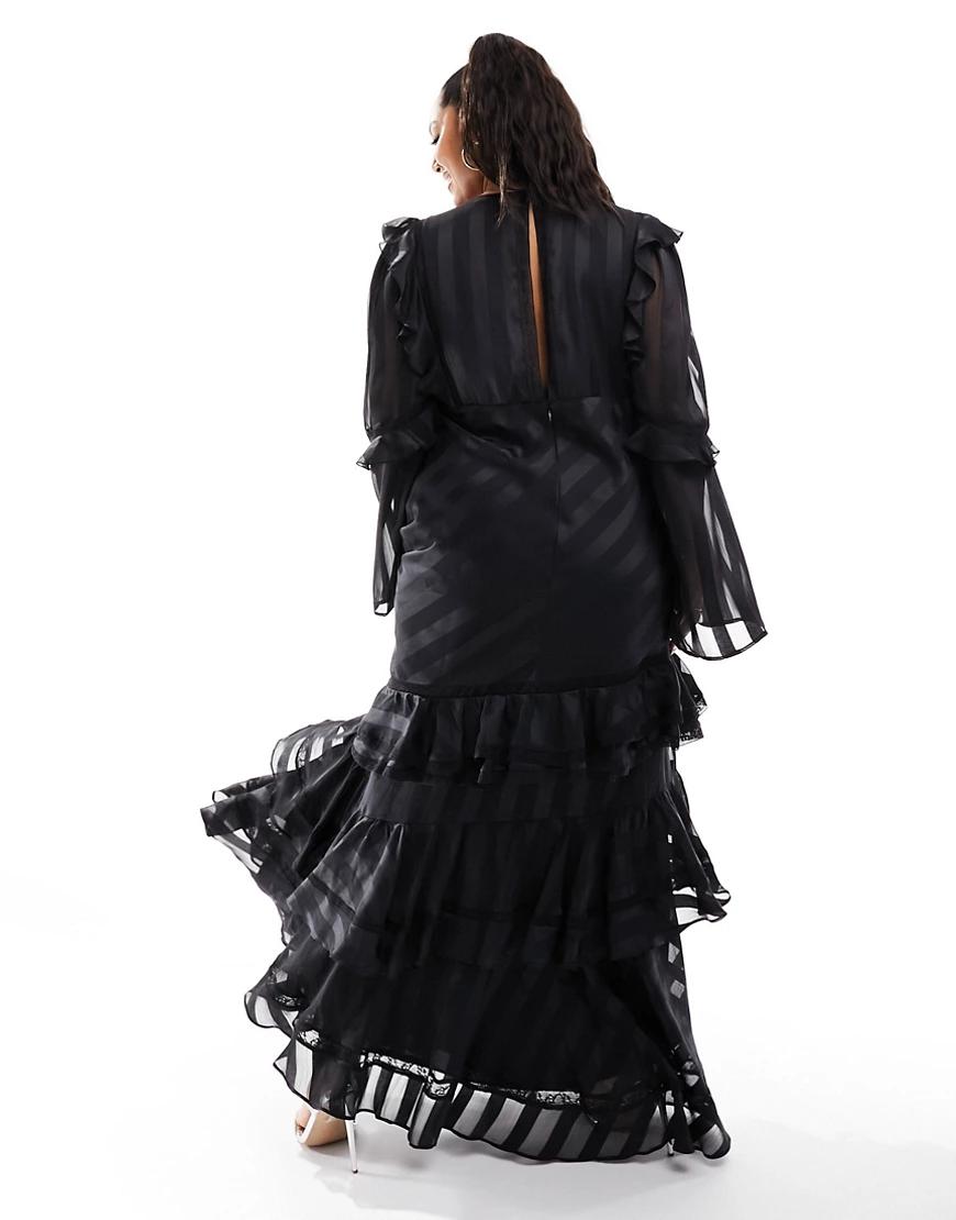 czarna maxi sukienka falbany łączenie v-neck