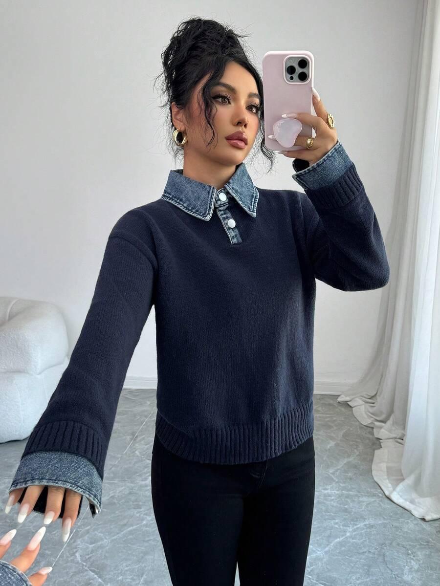 GRANATOWY SWETER KOŁNIERZYK 