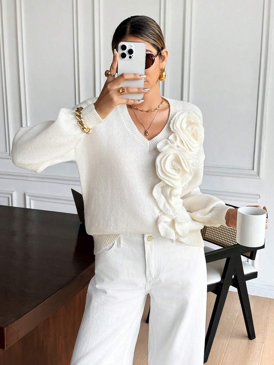 KREMOWY SWETER V NECK 