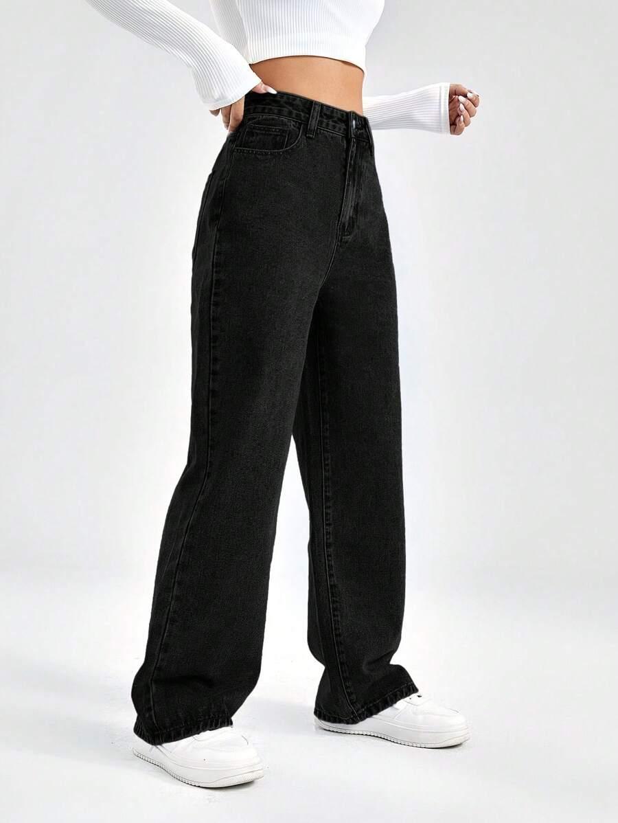 CZARNE SPODNIE JEANS SZEROKIE NOGAWKI 