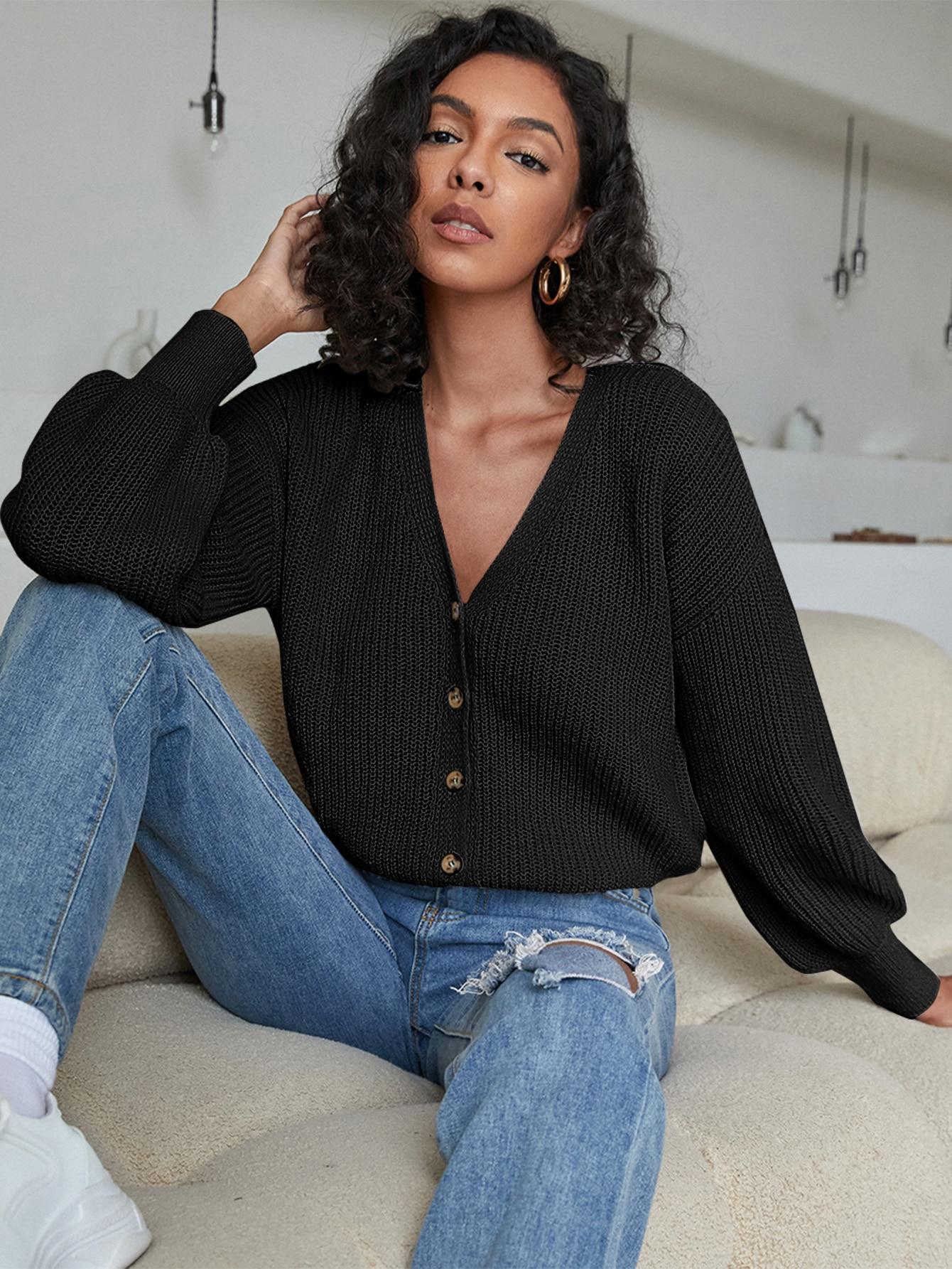 CZARNY SWETER KARDIGAN V-NECK