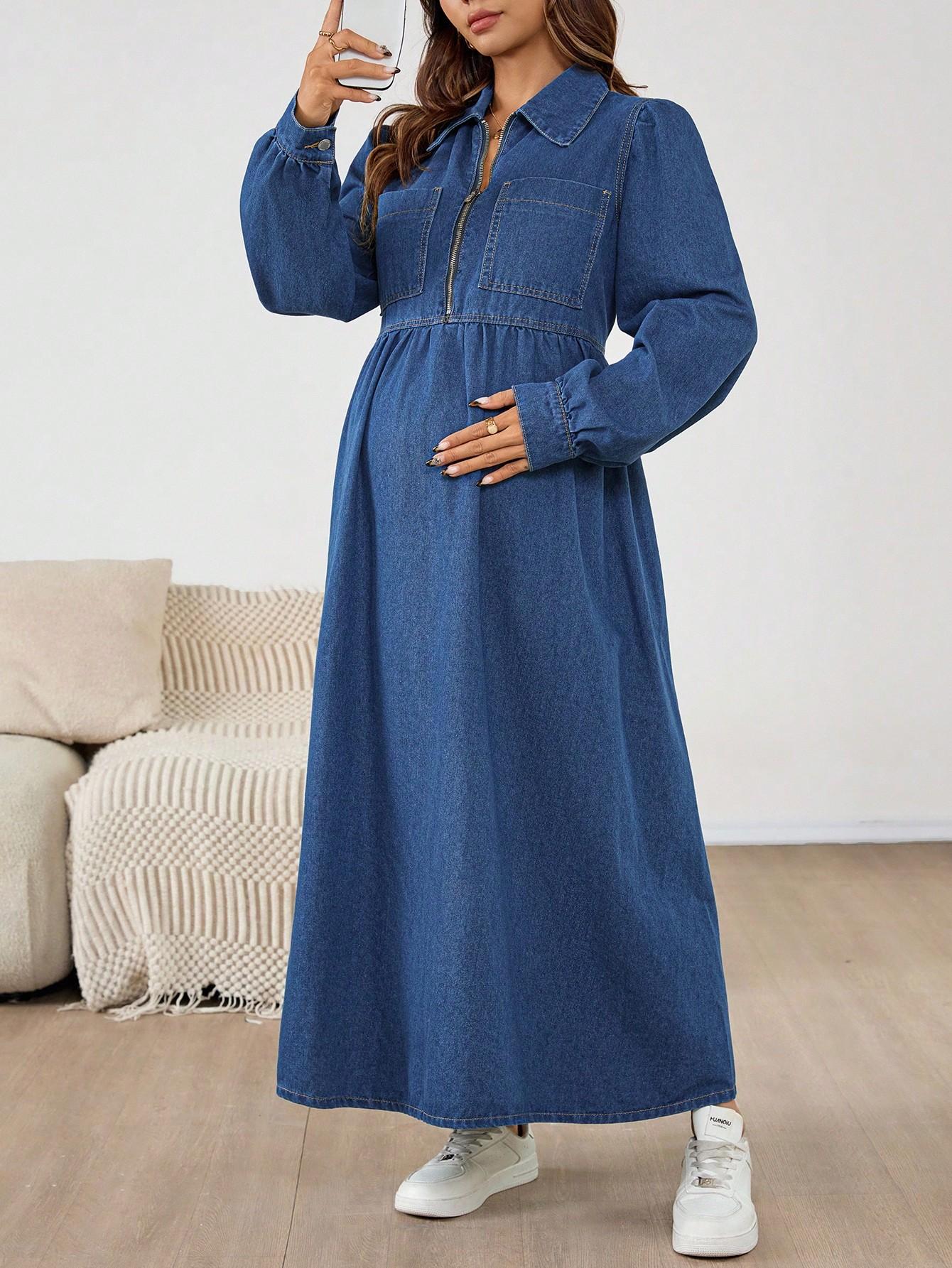 niebieska sukienka ciążowa jeans zamek