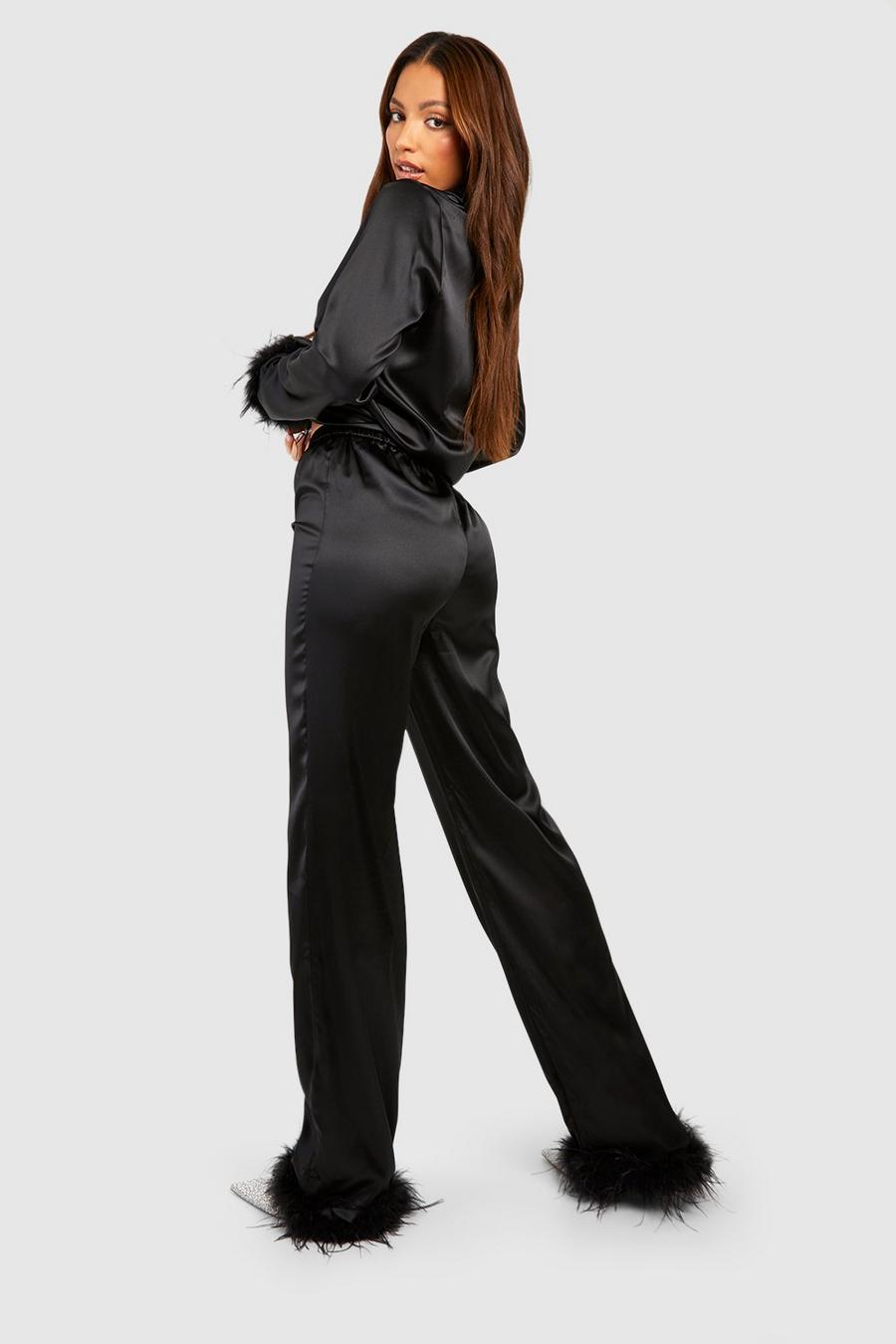 czarne satynowe spodnie z wysokim stanem pióra