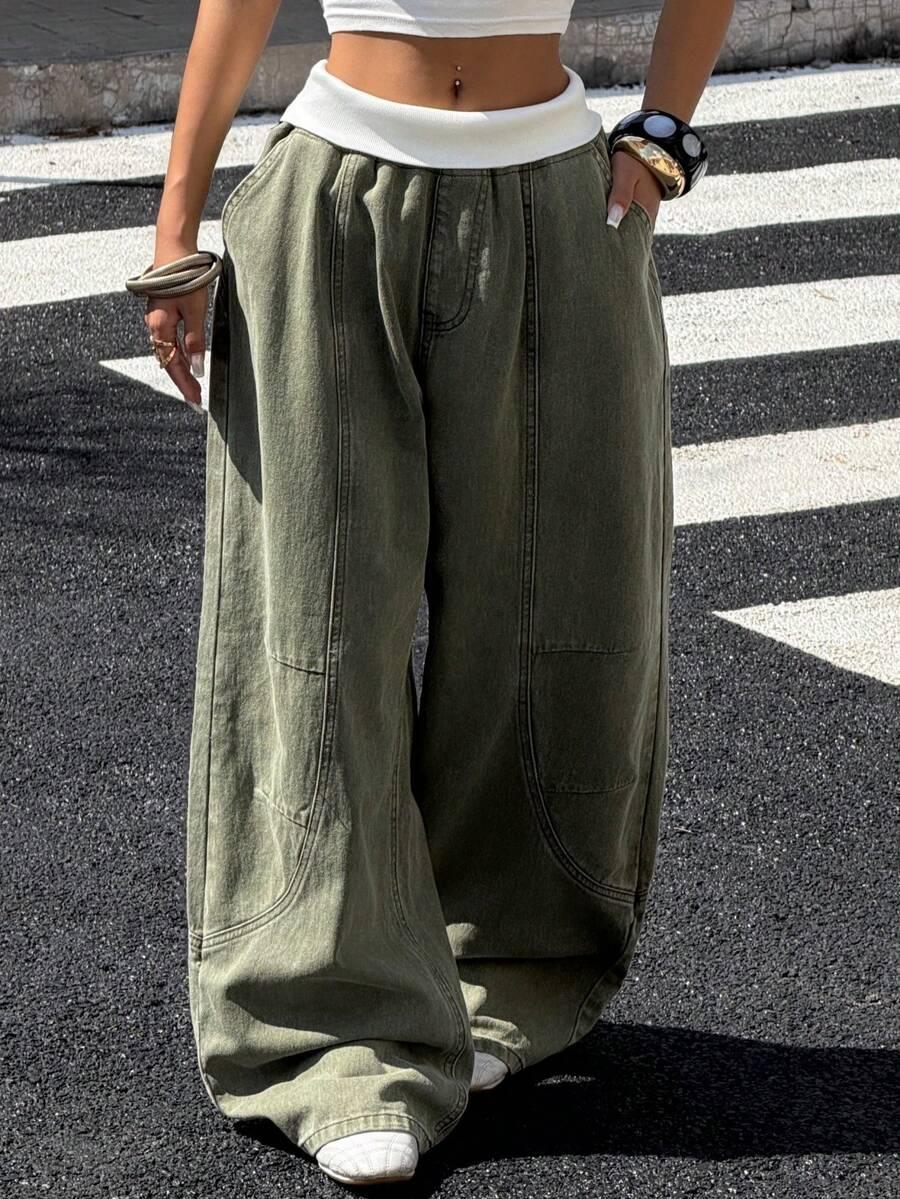 zielone spodnie jeans wide leg kontrast