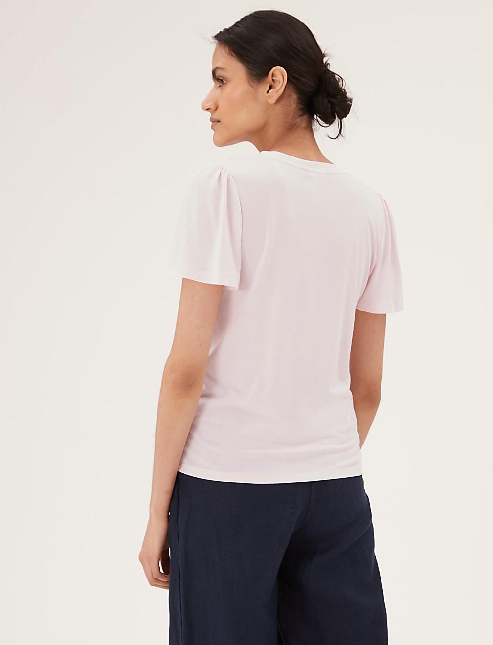 różowy t-shirt v-neck T43-7982-A1