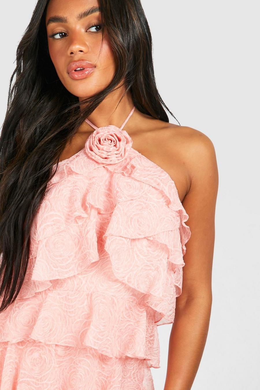 różowa mini sukienka falbany wiązanie róża tekstura