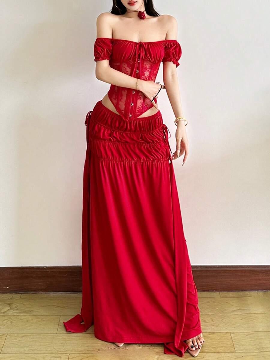 czerwony gorsetowy top