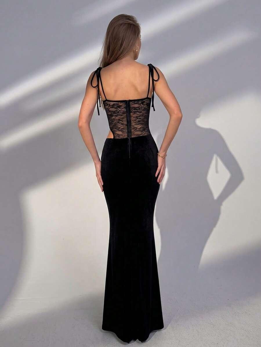 czarna maxi sukienka koronka
