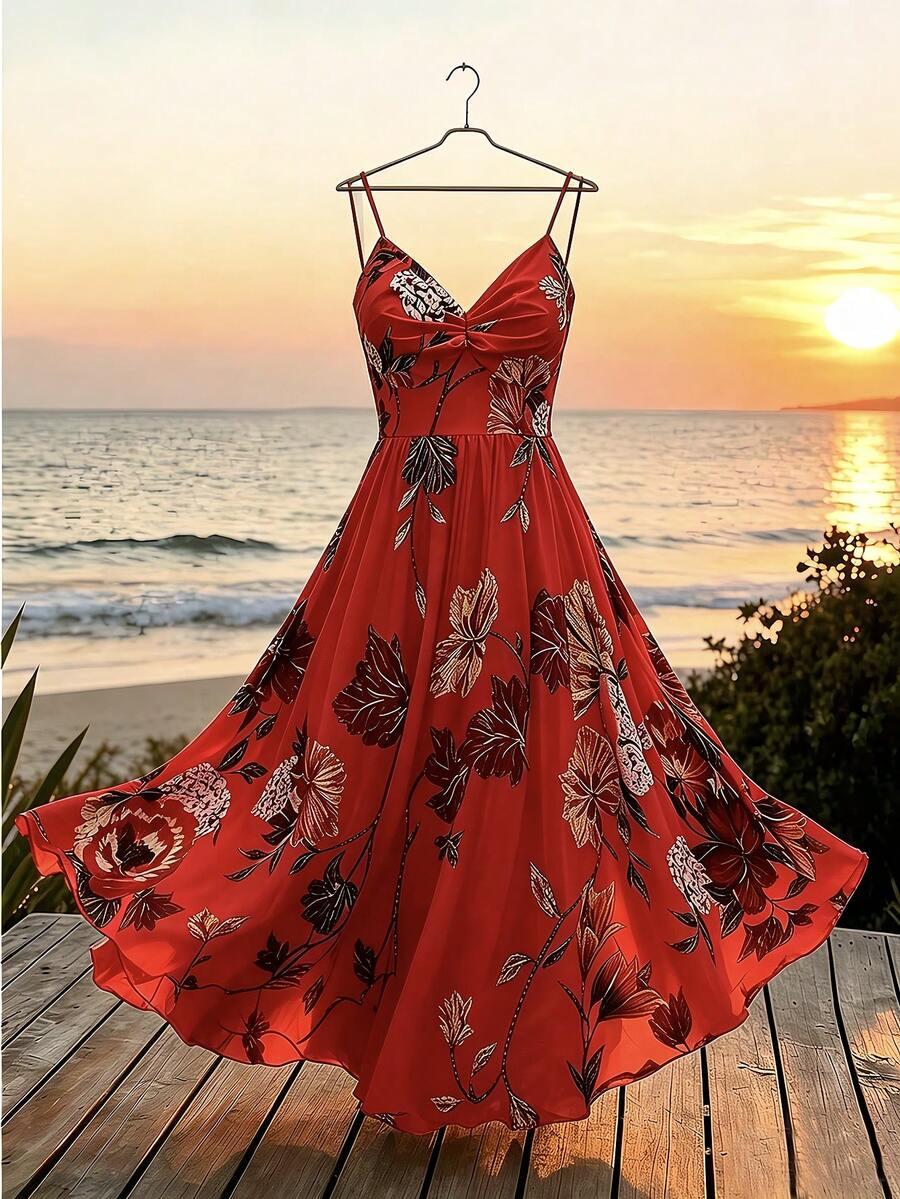 czerwona maxi sukienka print