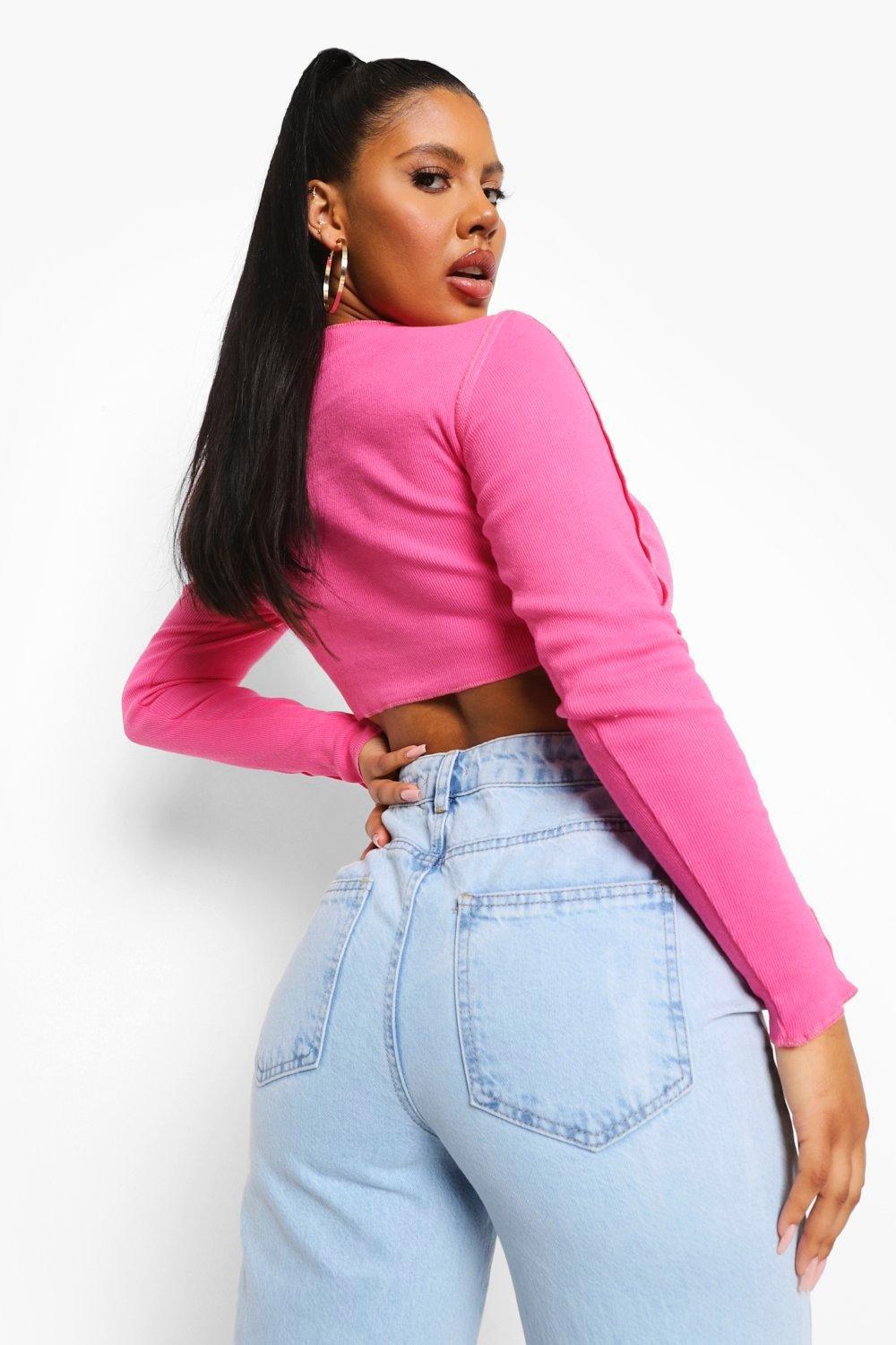 RÓŻOWY CROP TOP DŁUGI RĘKAW WIĄZANIE