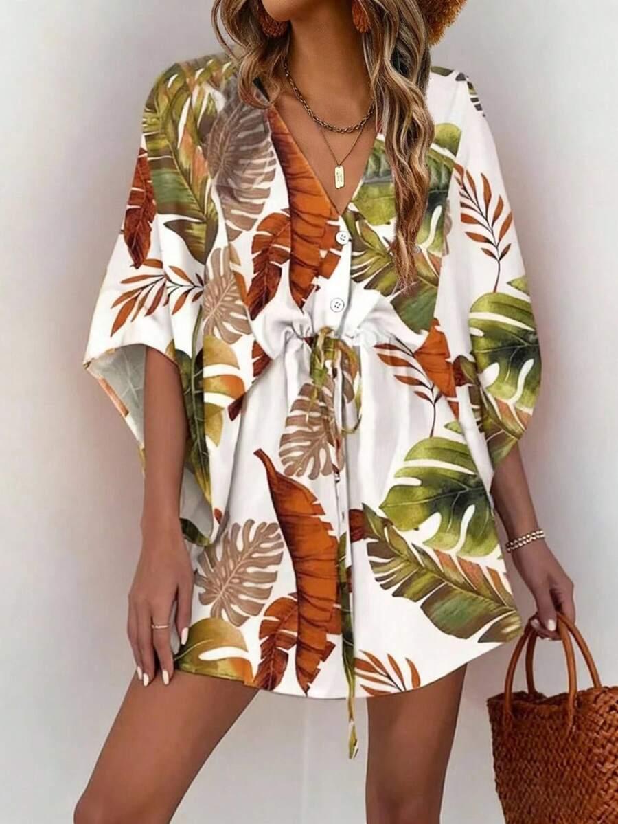 mini sukienka wzór roślinny v neck