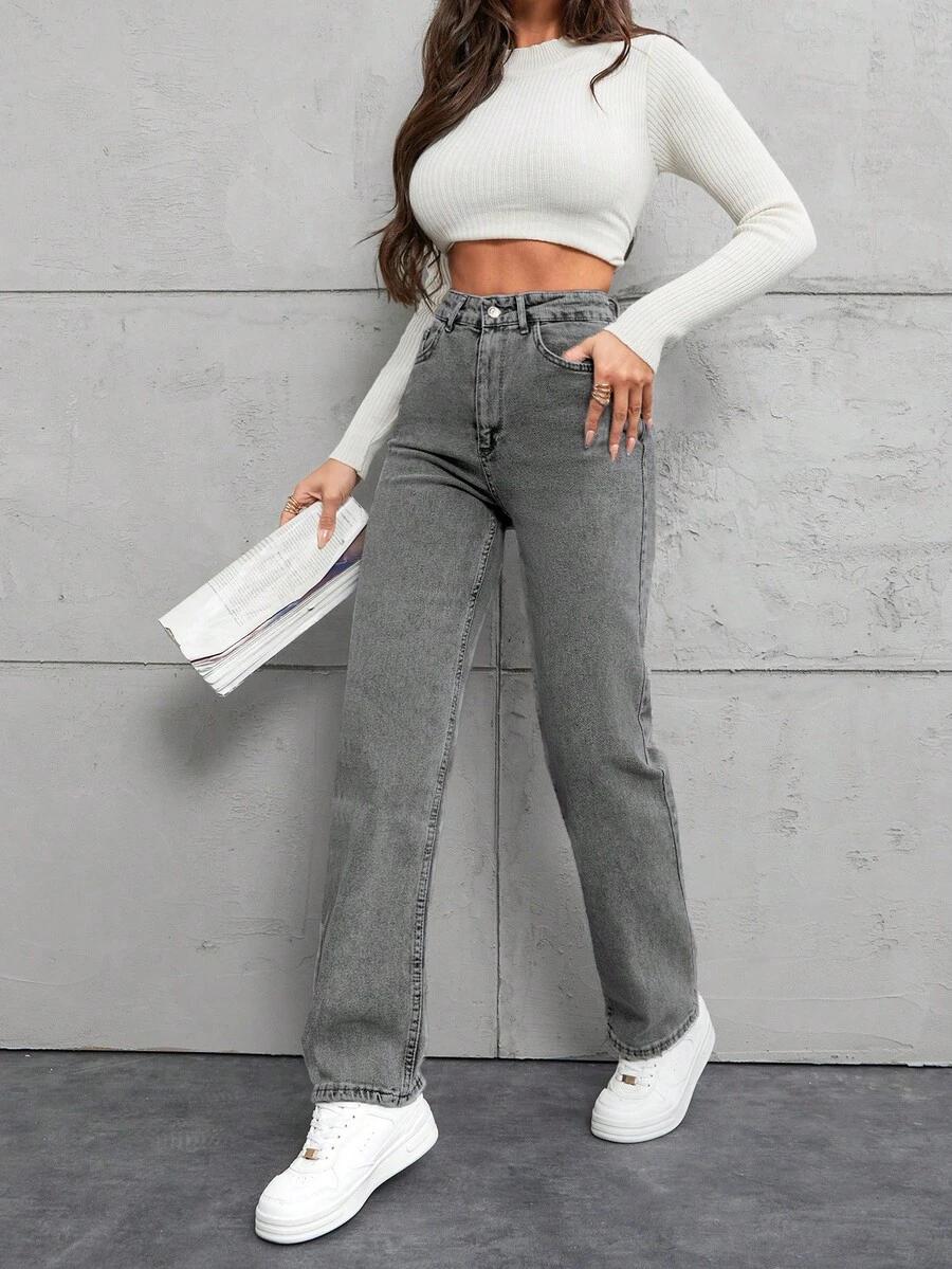 szare spodnie jeans wysoki stan