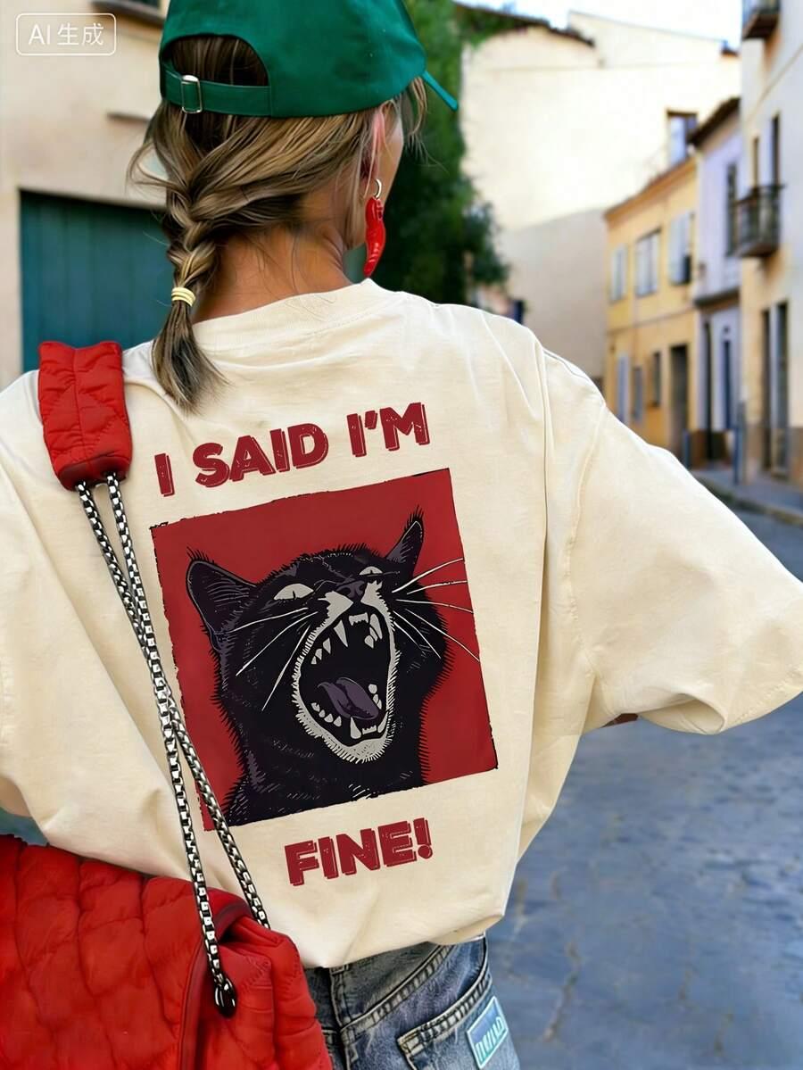 beżowy t-shirt okrągły dekolt nadruk