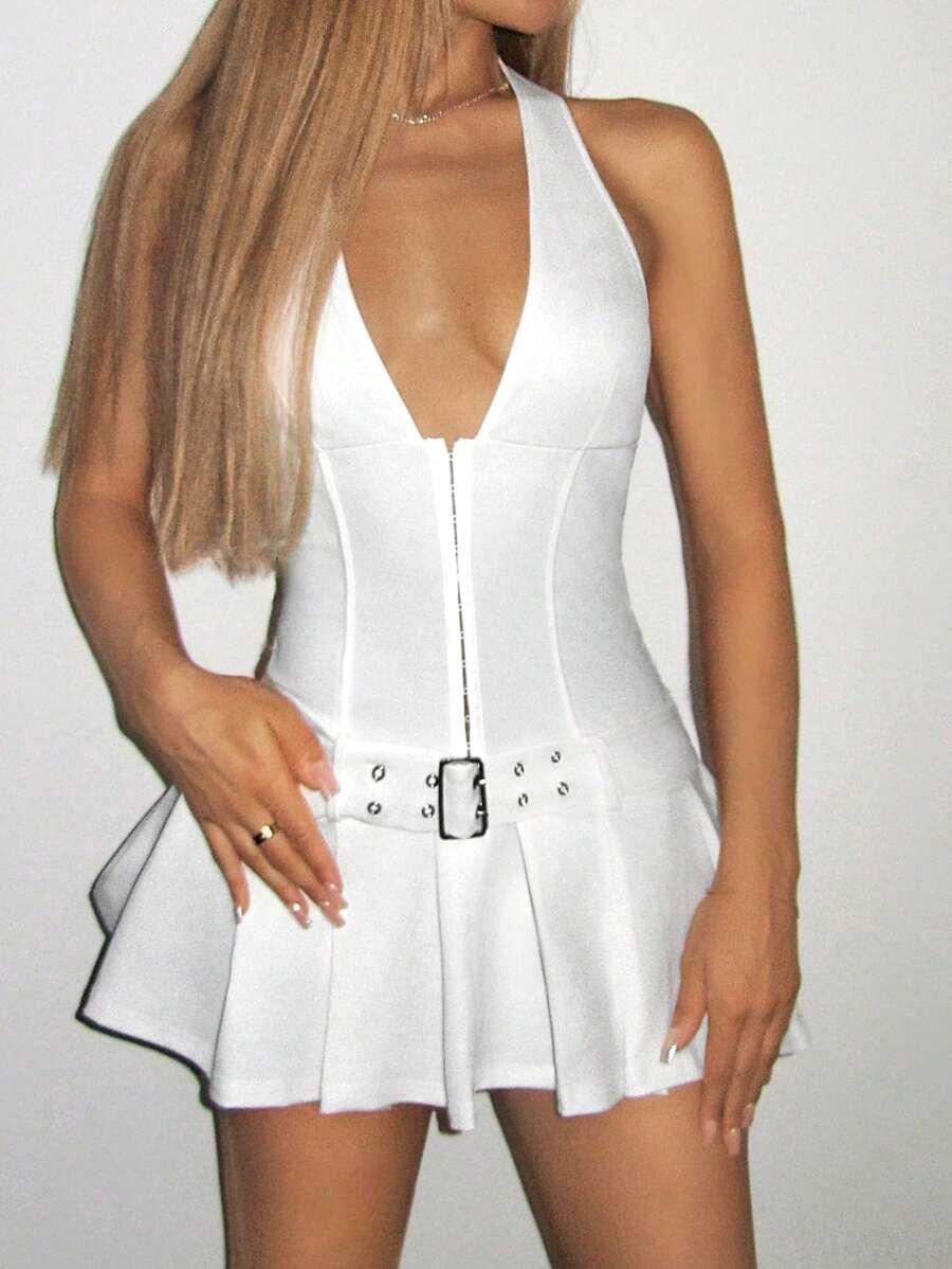 BIAŁA MINI SUKIENKA V-NECK