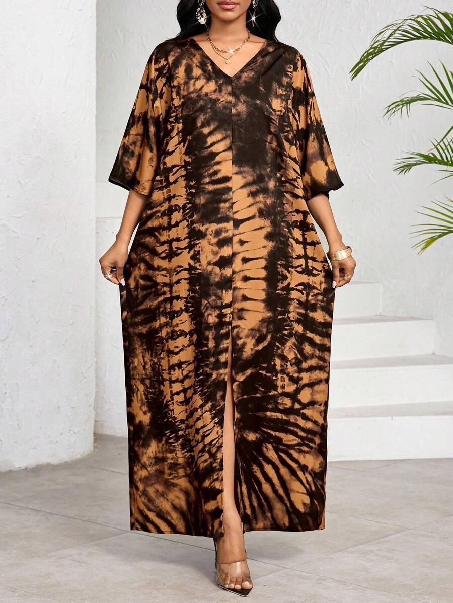 maxi sukienka rozcięcie rękaw 3/4 print v-neck