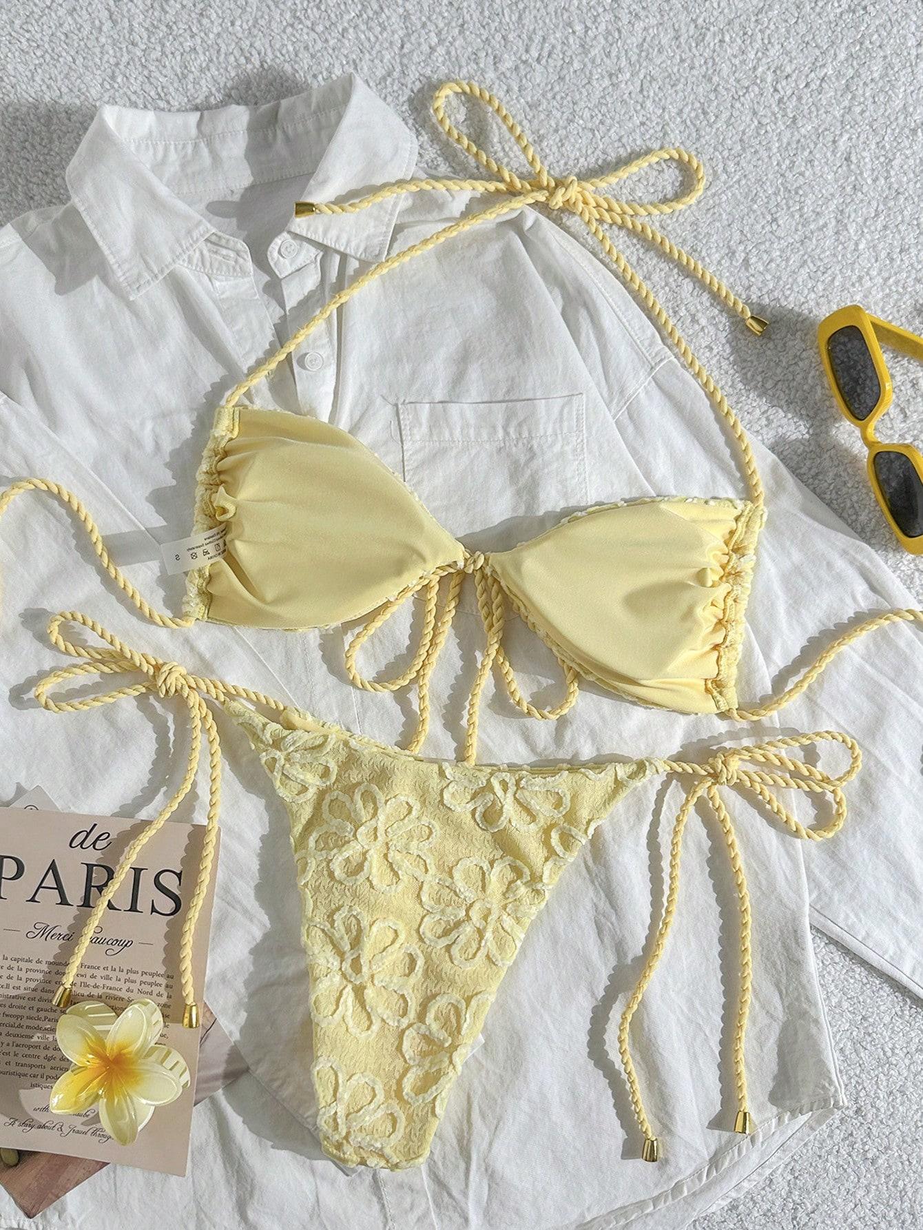 ŻÓŁTY KOMPLET BIKINI STRUKTURA KWIATY