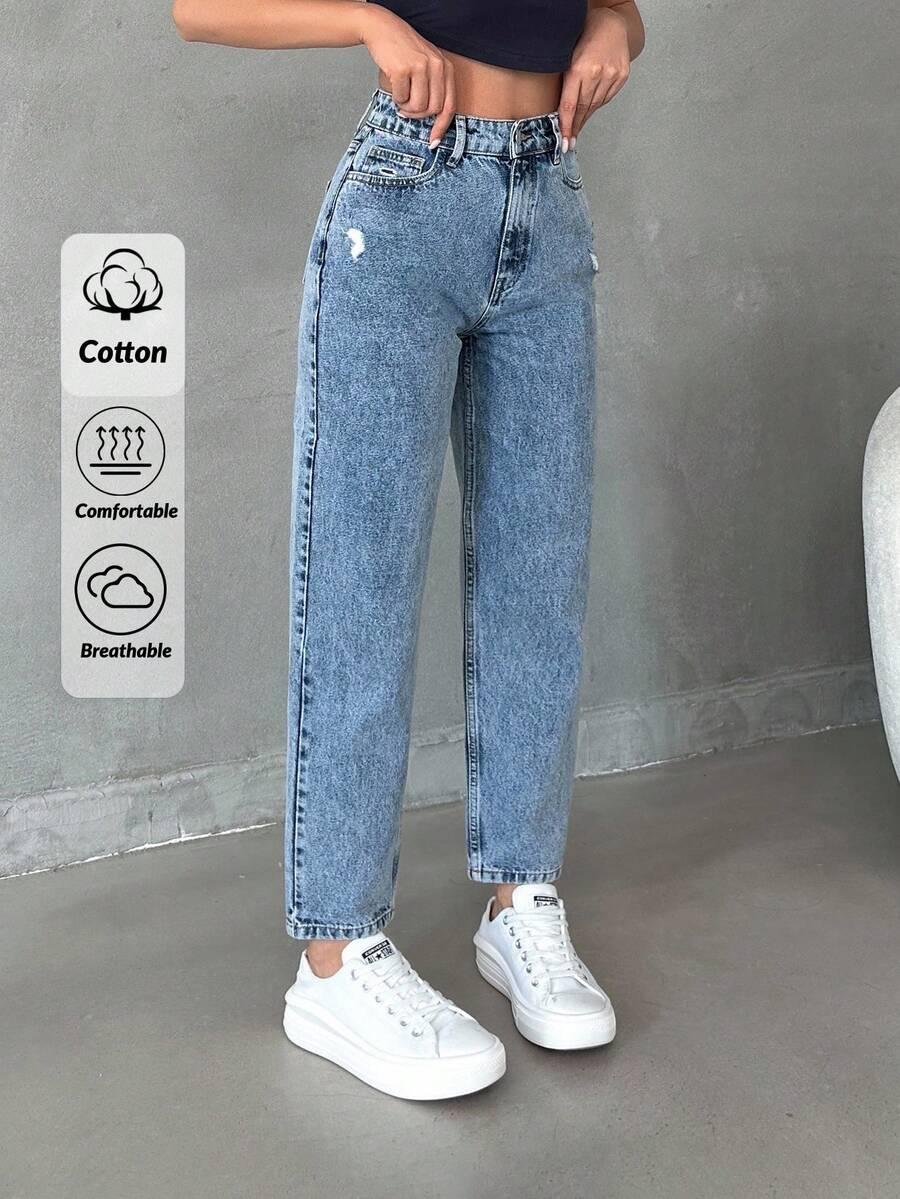 niebieskie spodnie jeans wysoki stan przetarcia