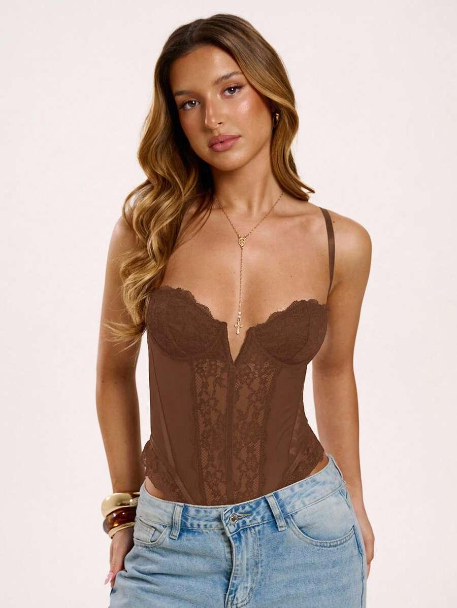 brązowe body koronka