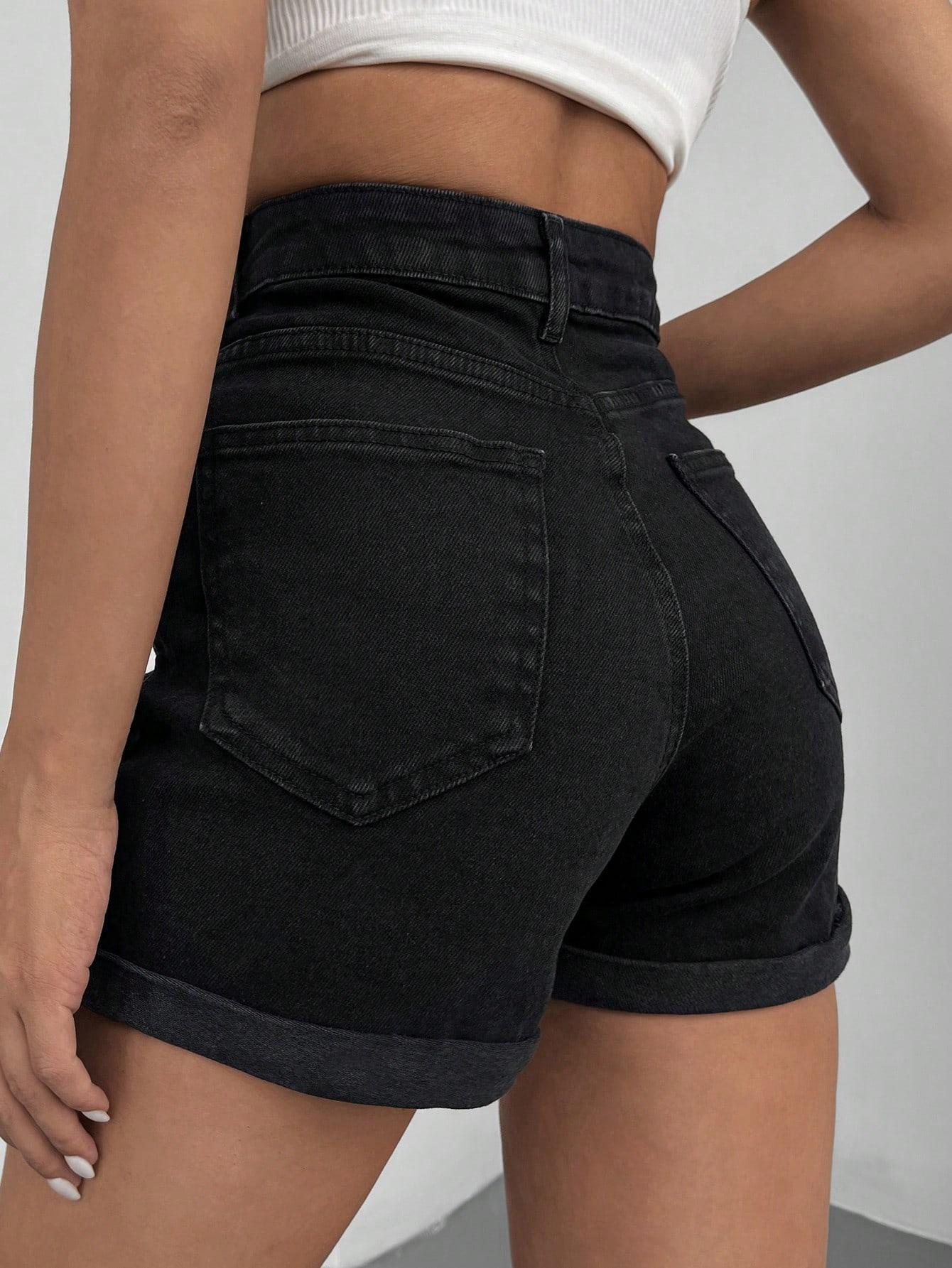 krótkie czarne spodenki z wysokim stanem jeans kieszenie