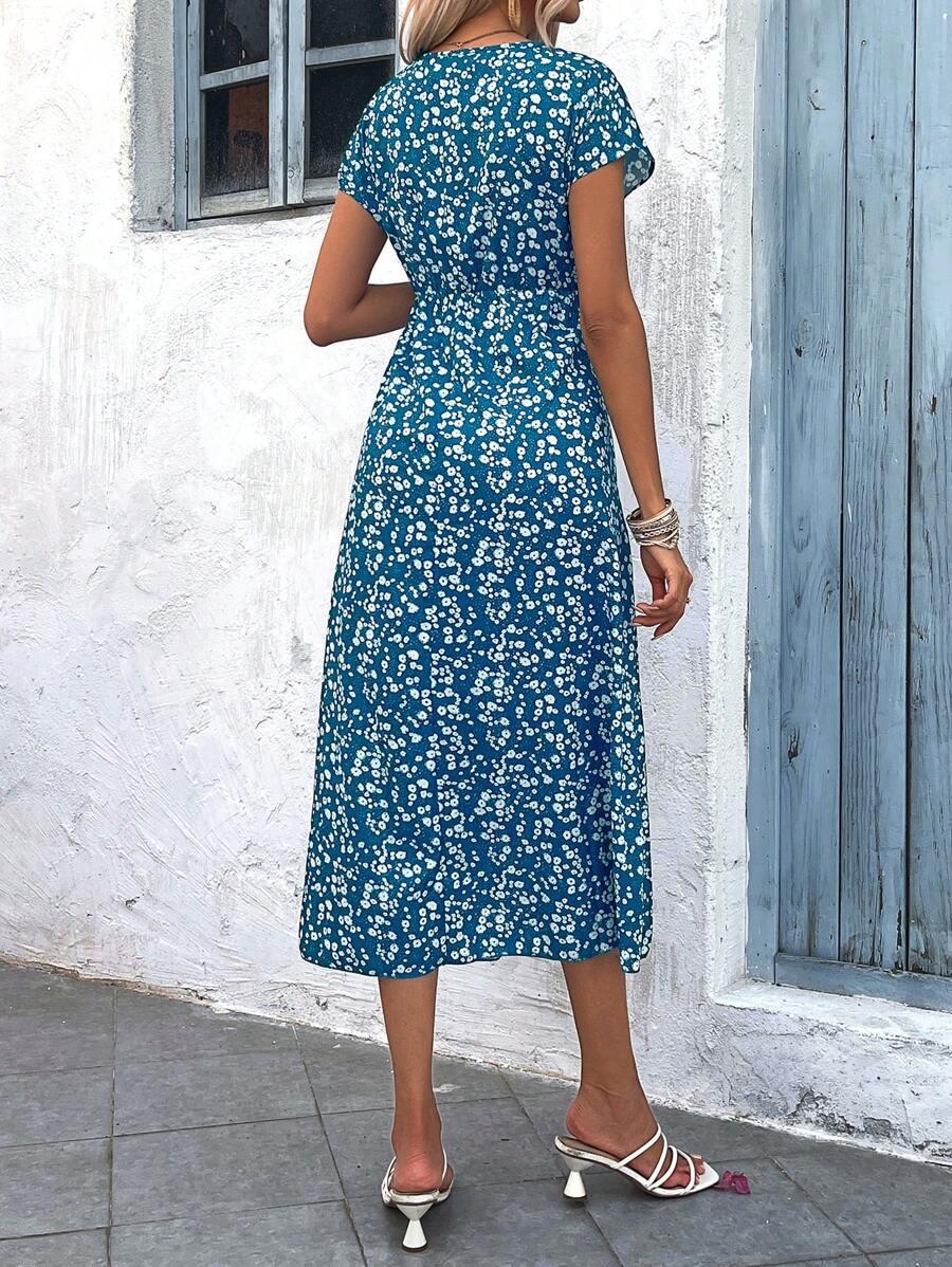 midi sukienka nadruk v neck