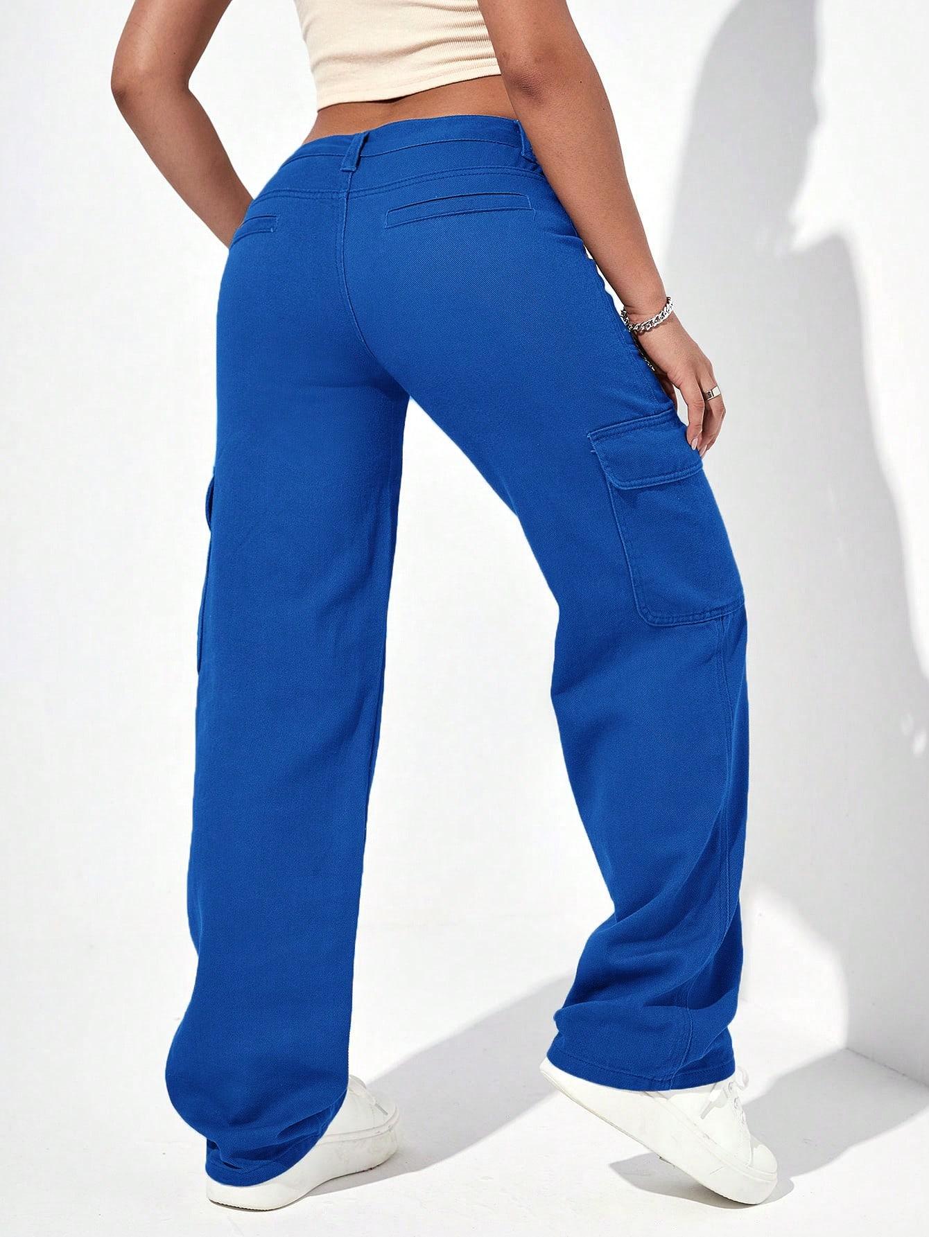 niebieskie spodnie cargo jeans kieszenie wysoki stan 