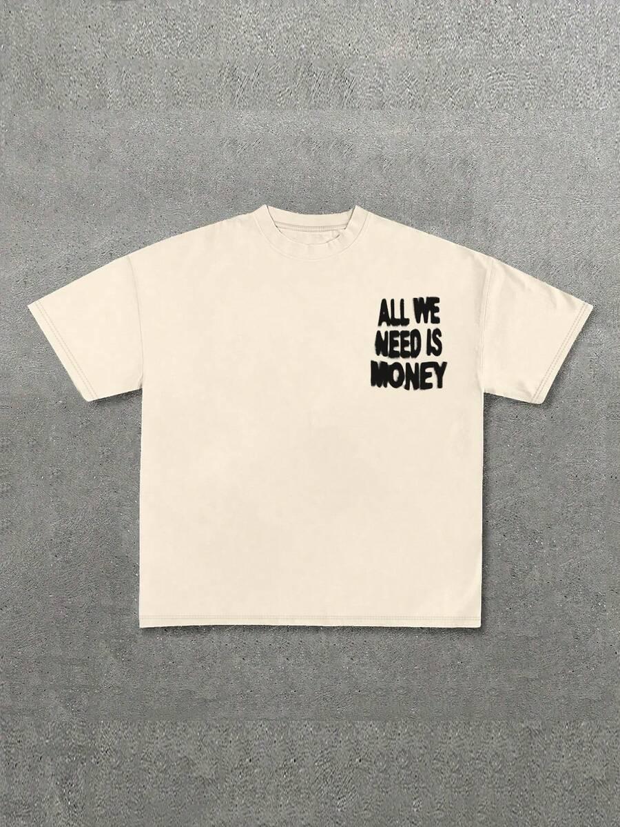 kremowy t-shirt okrągły dekolt print 