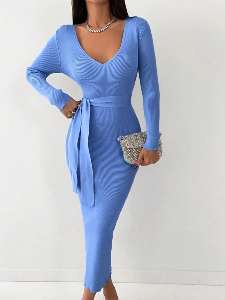DZIANINOWA MAXI SUKIENKA V NECK PRĄŻKI