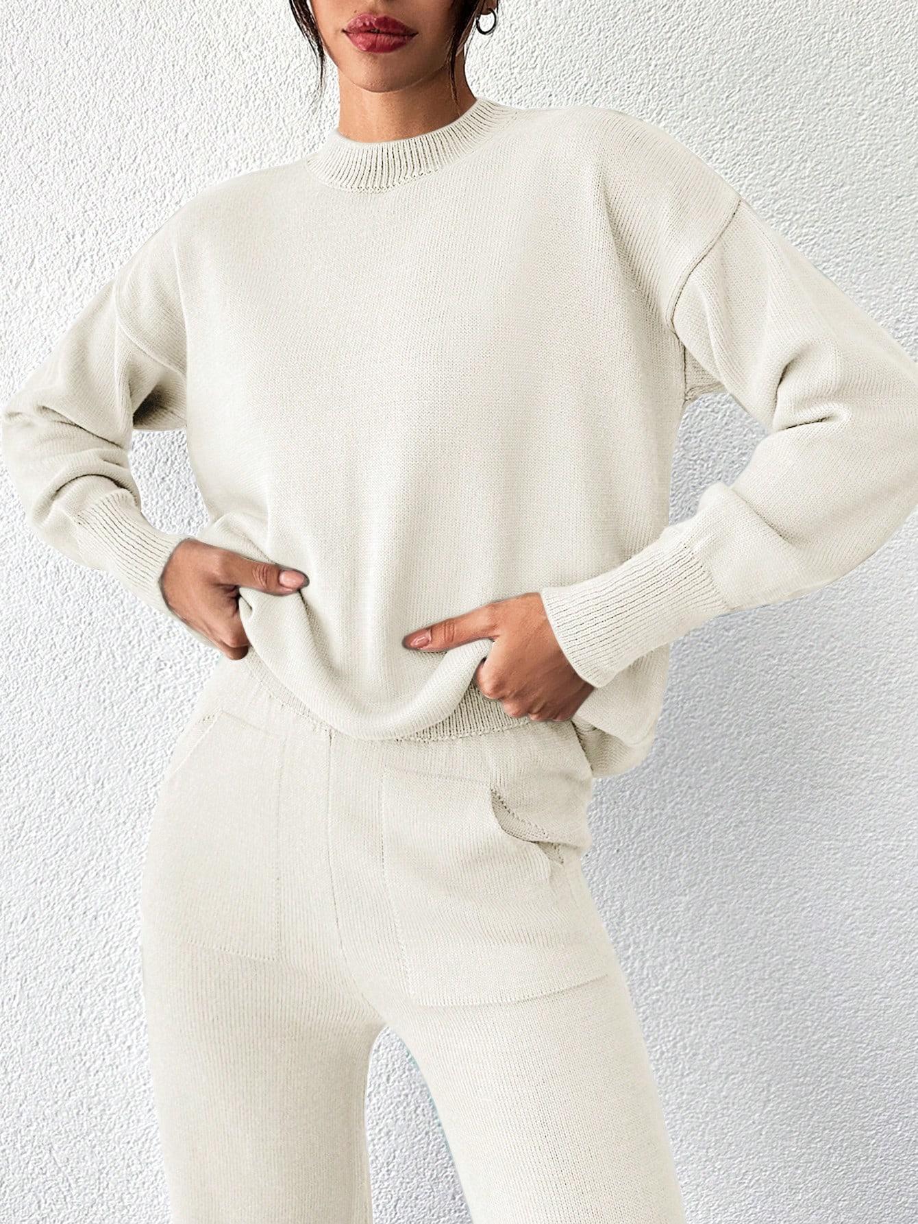 kremowy KOMPLET SWETER SPODNIE