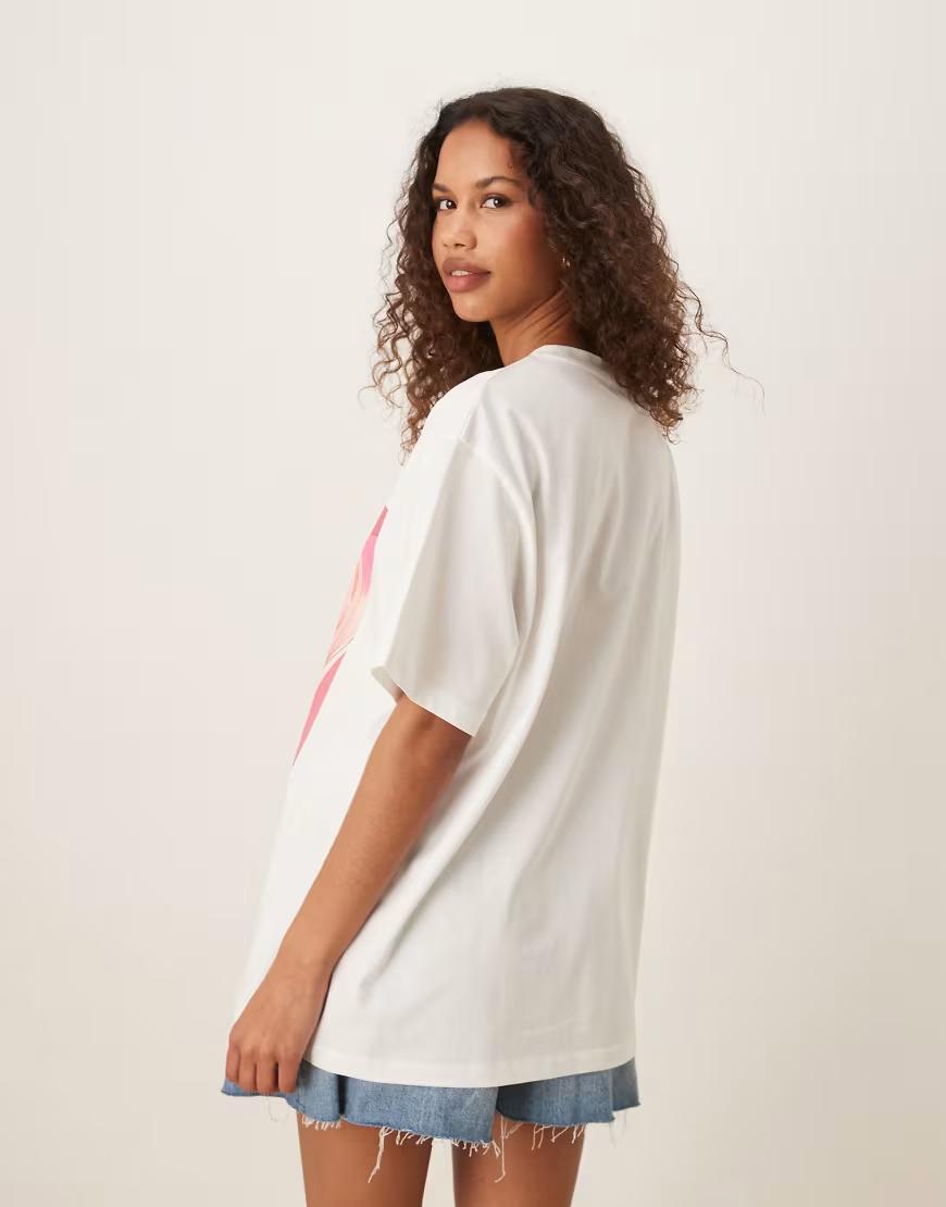 bawełniany biały t-shirt nadruk okrągły dekolt oversize