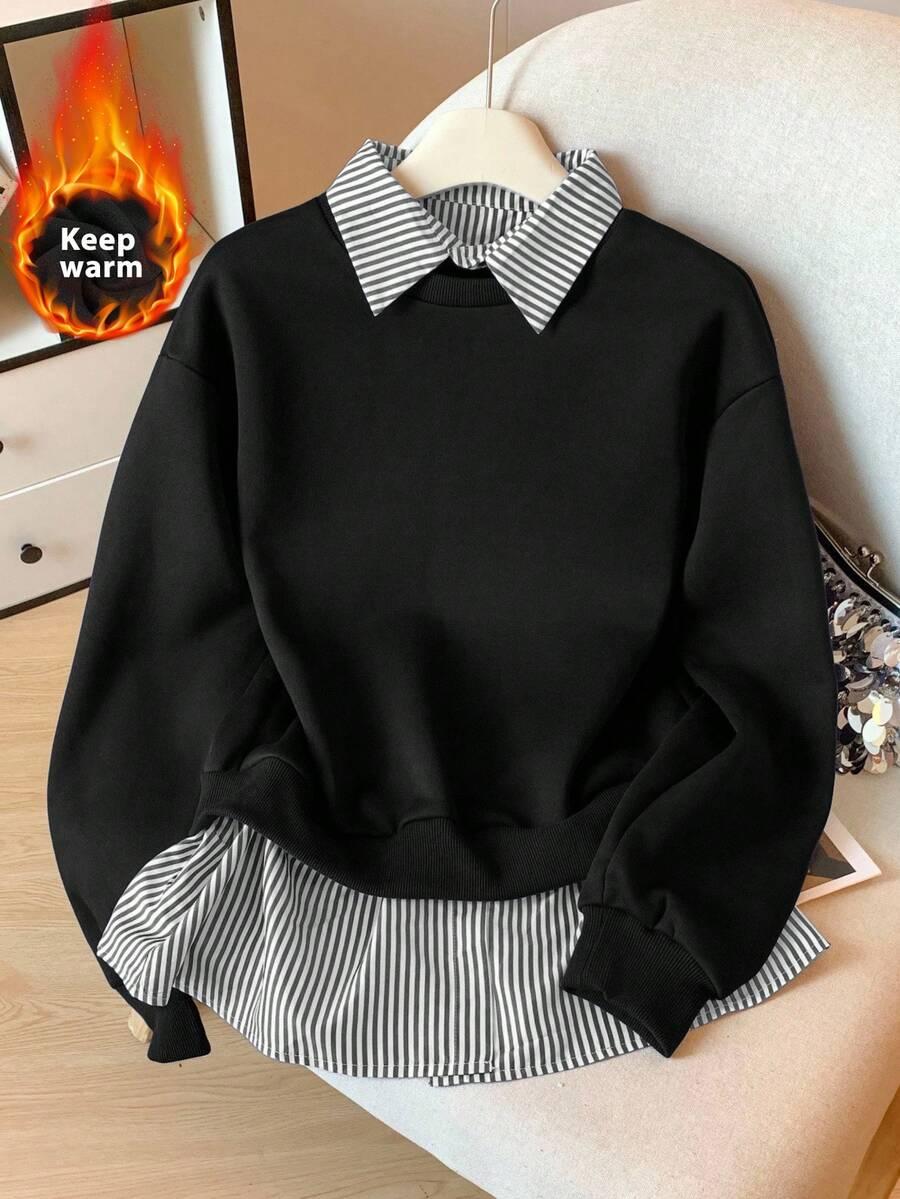 CZARNA BLUZA KOŁNIERZYK paski
