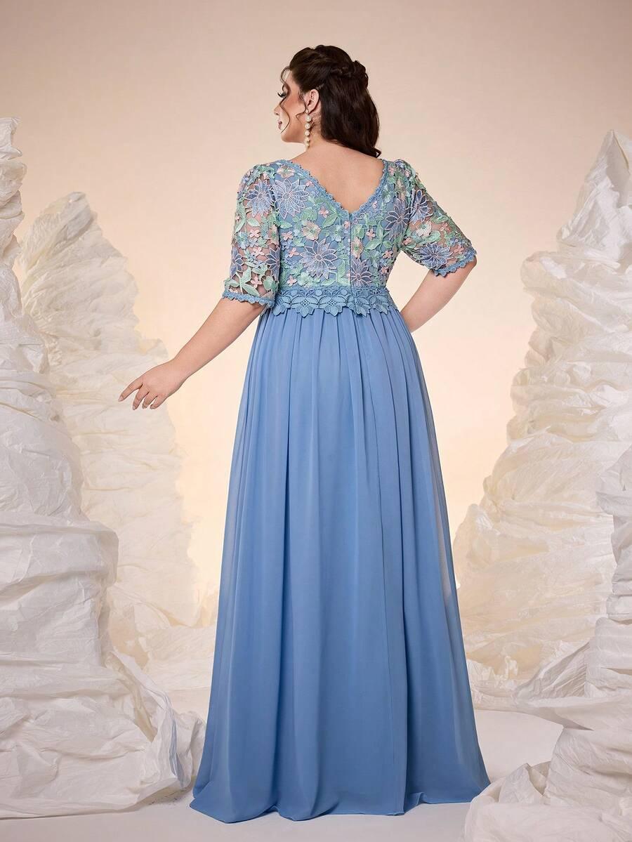 niebieska maxi sukienka haft łączenie v-neck