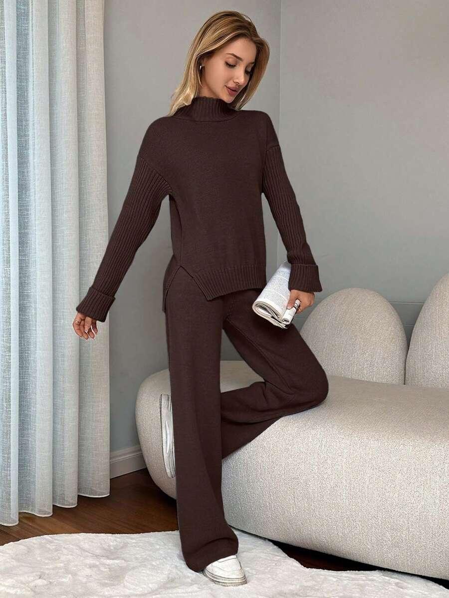 BRĄZOWY KOMPLET SWETER SPODNIE