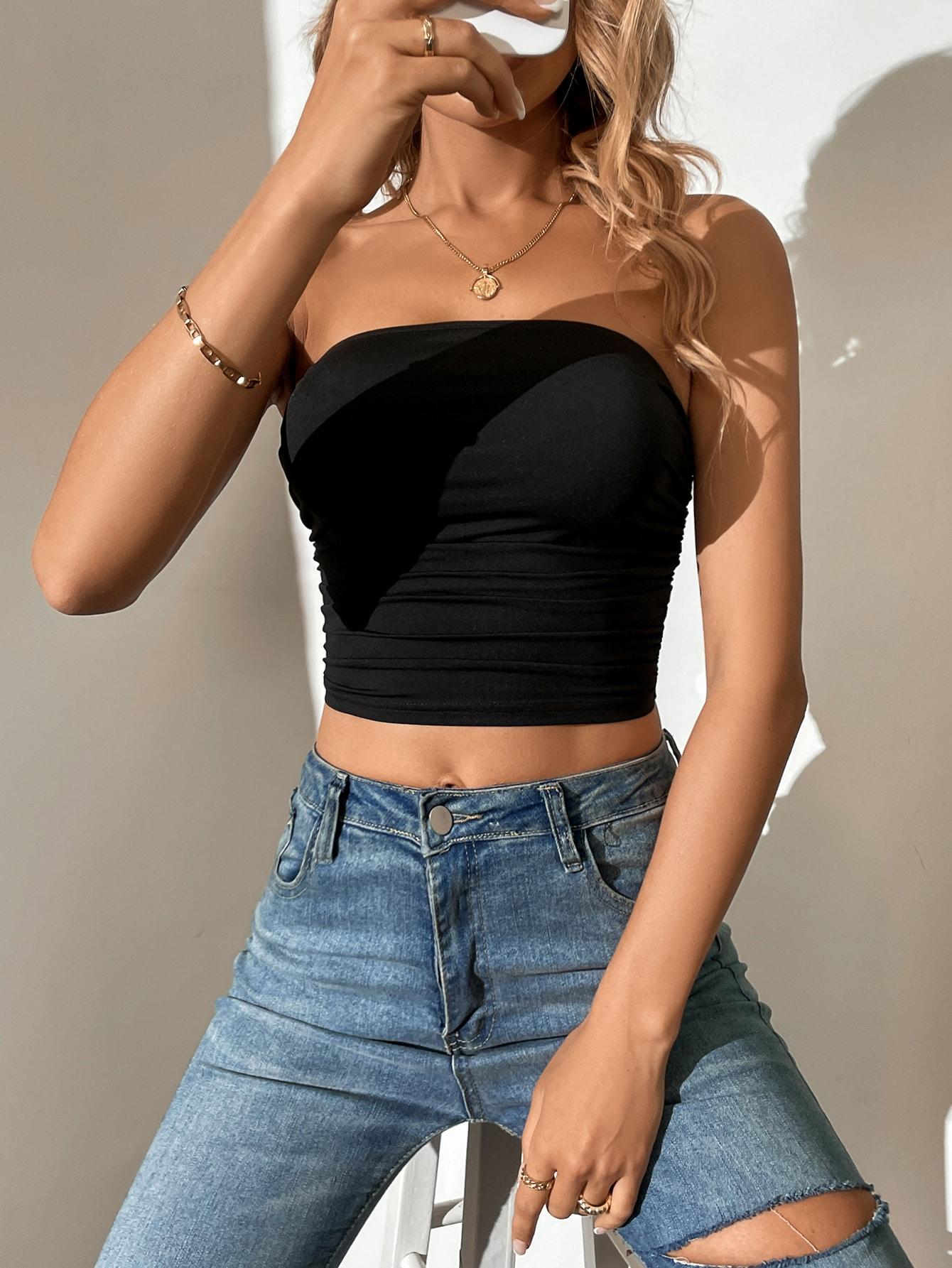 czarny crop top tuba odkryte ramiona marszczenie