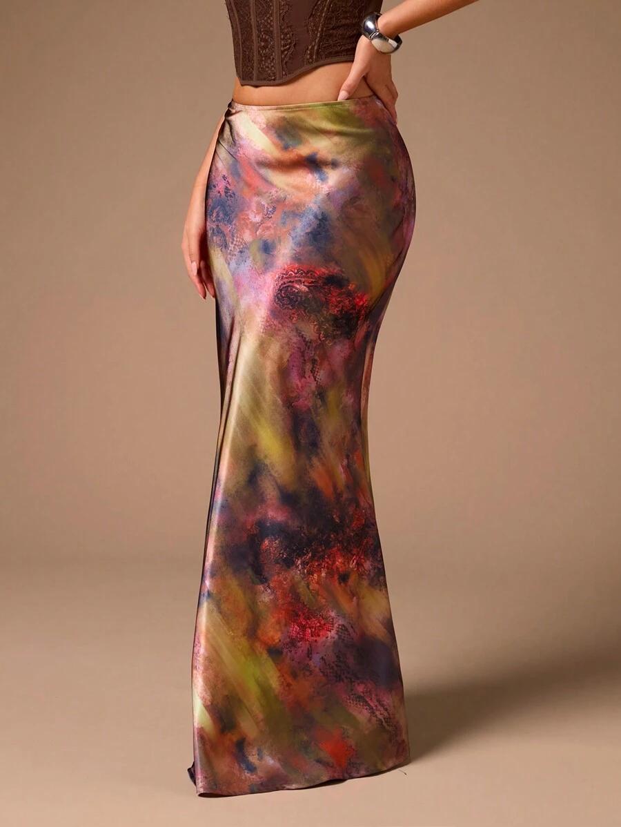 SATYNOWA MAXI SPÓDNICA PRINT