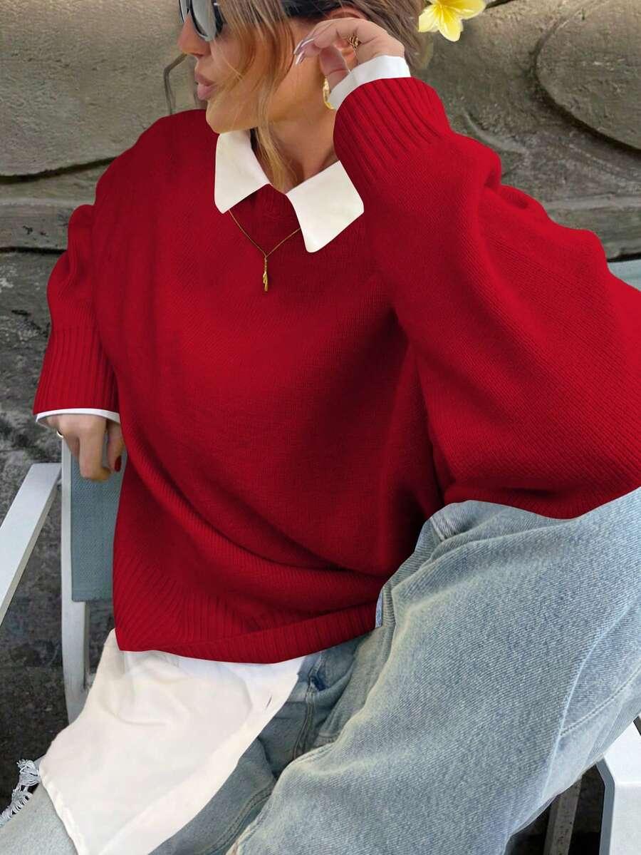 czerwony sweter okrągły dekolt