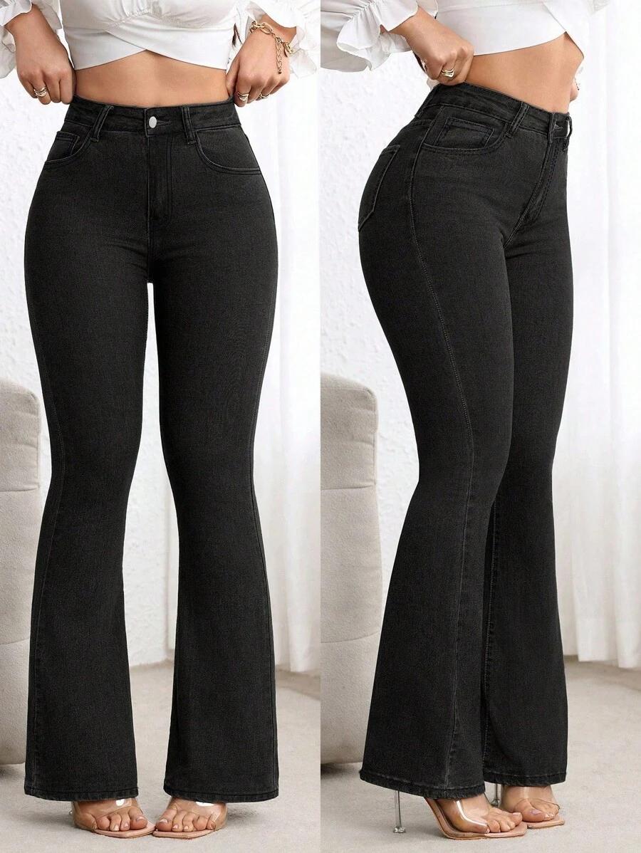 CZARNE SPODNIE JEANS DZWONY WYSOKI STAN