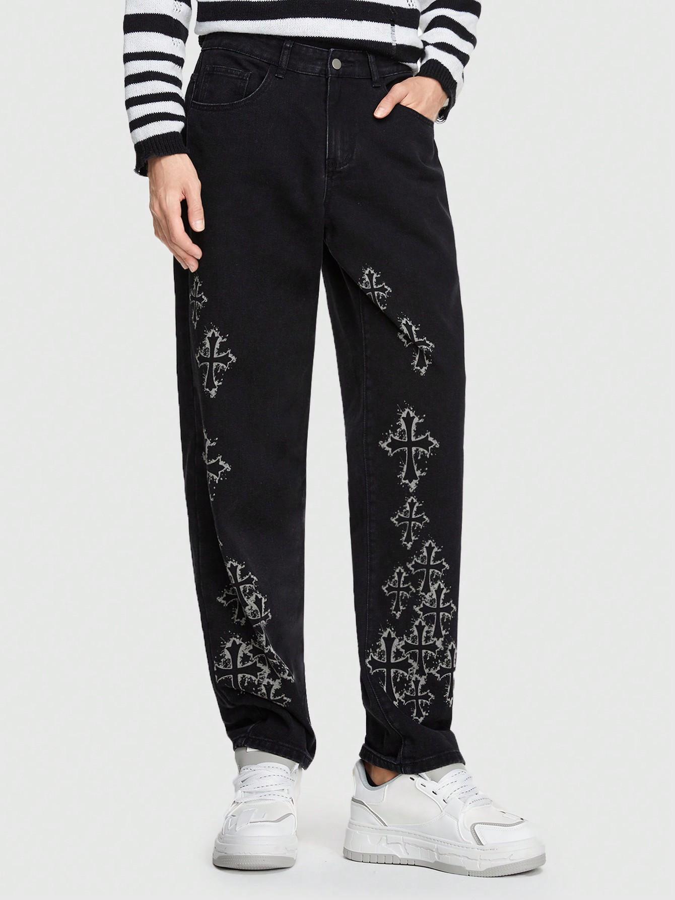 czarne spodnie jeans nadruk