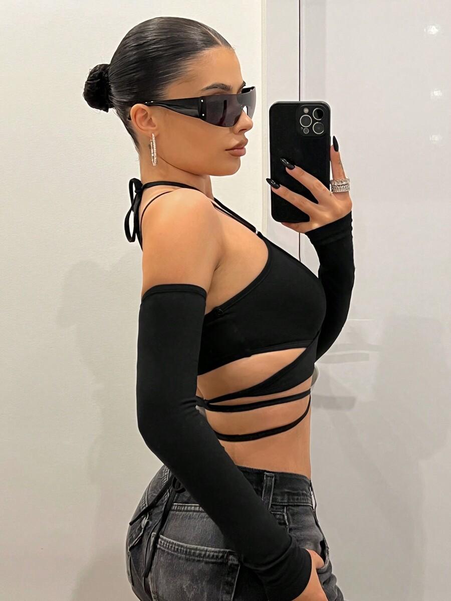 CZARNY CROP TOP WIĄZANIE RĘKAWY