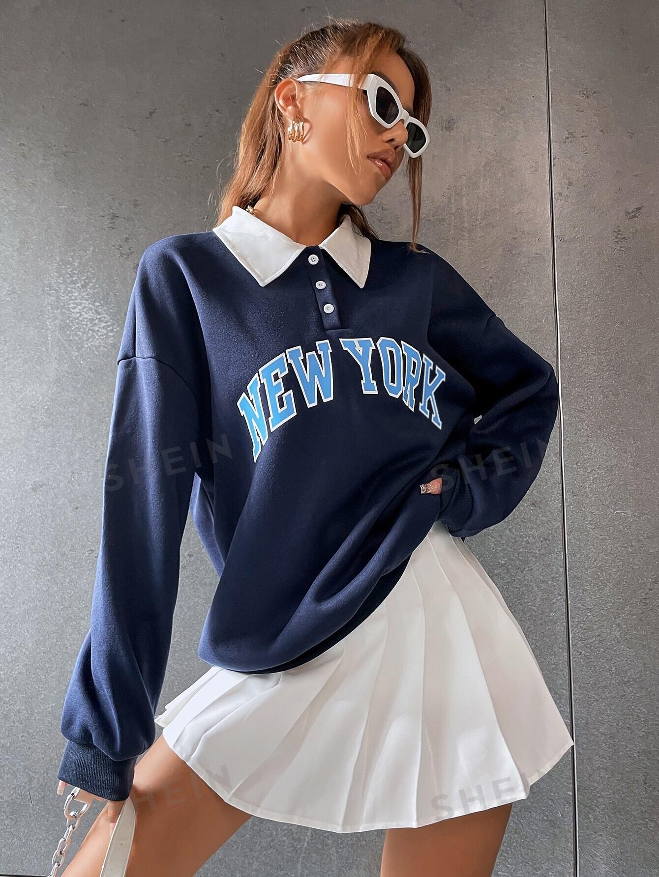 BLUZA NAPIS new york kołnierzyk kontrast