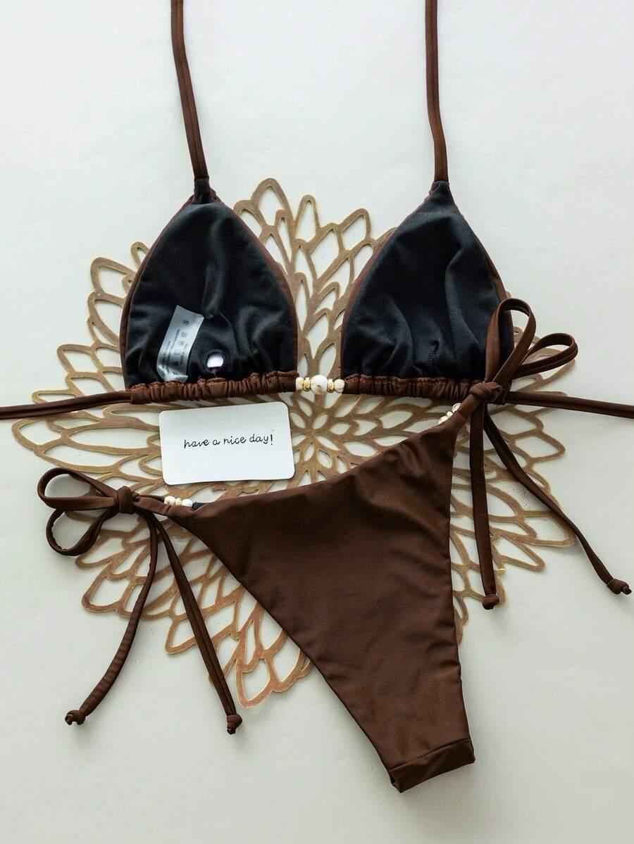 brązowy komplet bikini wiązanie
