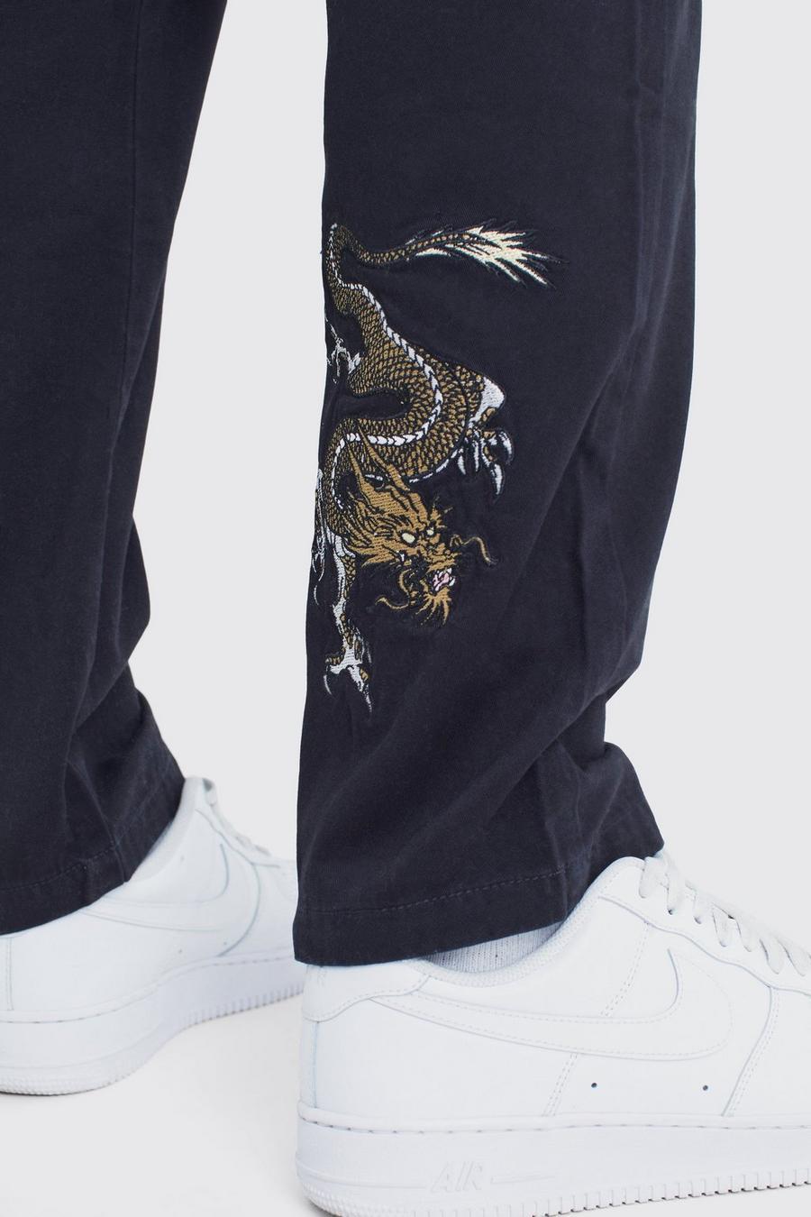 czarne spodnie bojówki kieszenie print haft smok