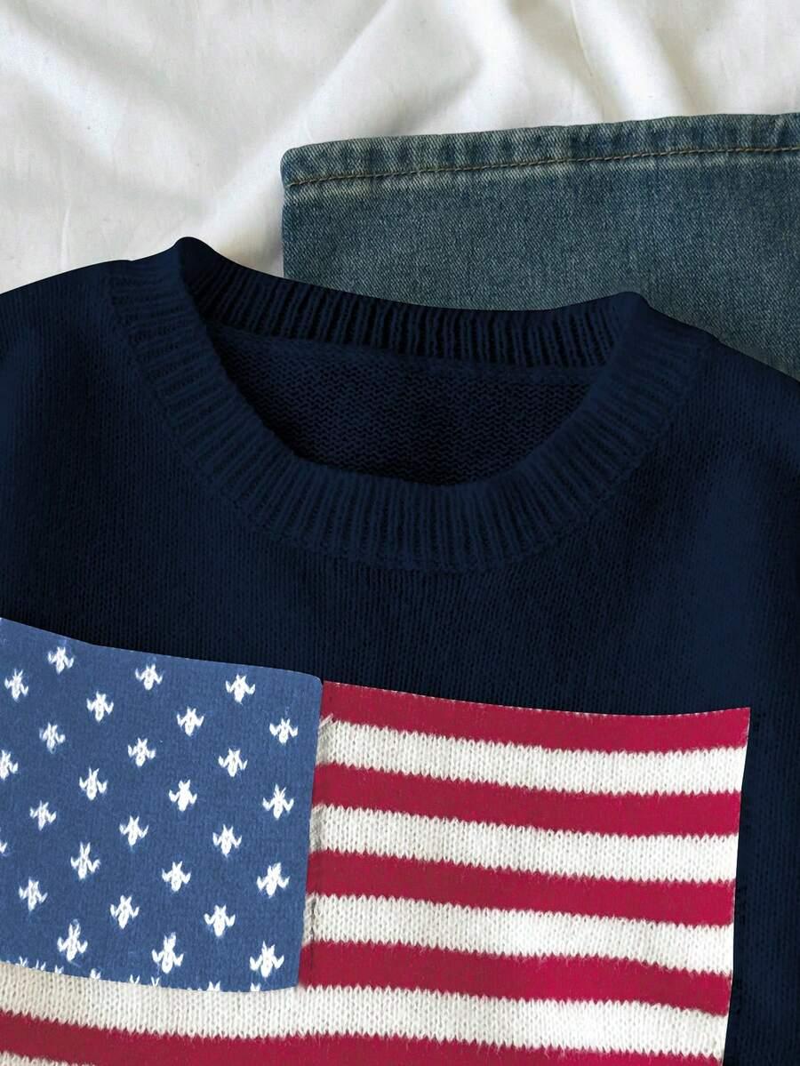 granarowy sweter okrągły dekolt flaga 