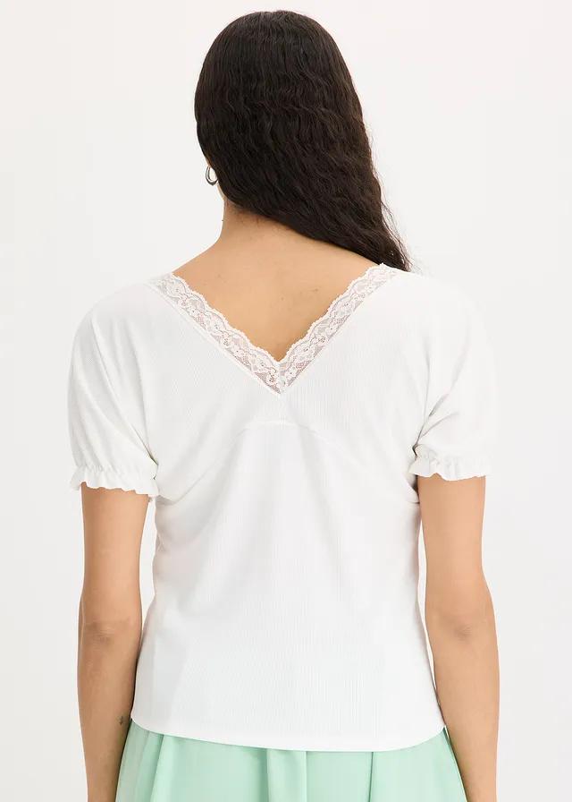 BIAŁA PRĄŻKOWANA BLUZKA V-NECK KORONKA